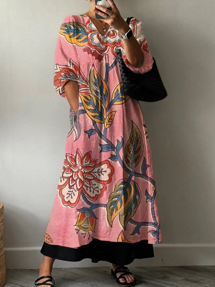 Women's Retro Floral Print Pocket V-neck Cotton Dress