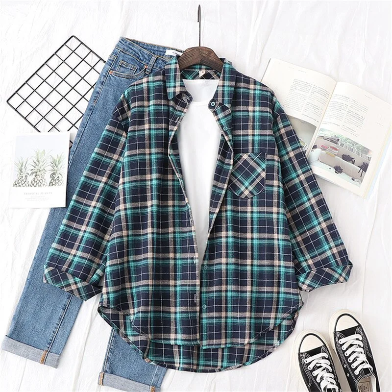 Women Blouses Shirts Womens Tops And Blouses 2020 Womenswear Long Sleeve Clothing Button Up Down Shirt Plaid Korean Female New