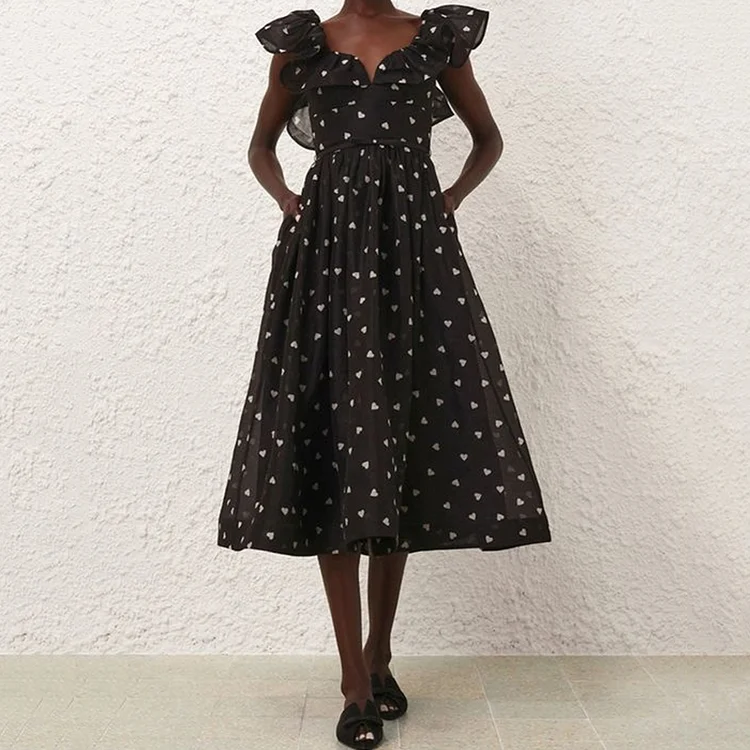 Elegant Heart Print Ruffle Midi Dress