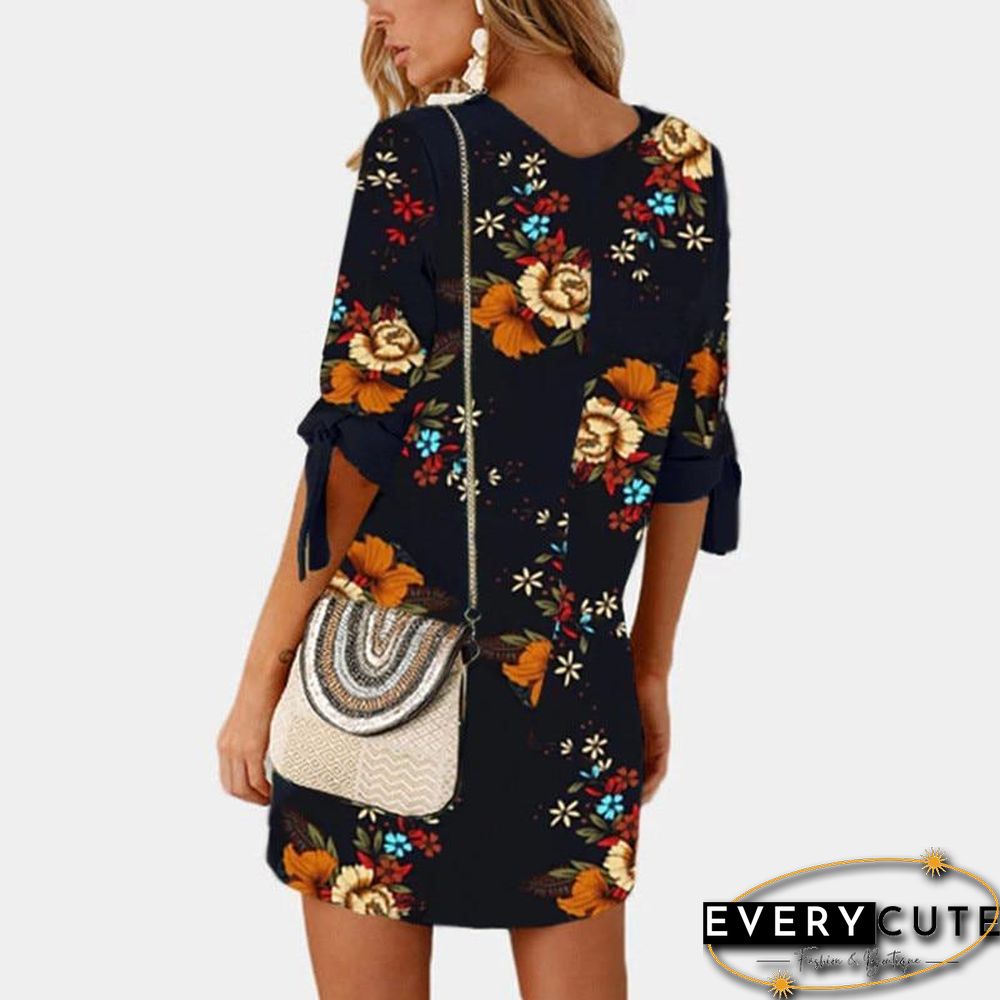 Women Chiffon Floral Print Mini Dress Boho Beach Half Sleeve Elegant Dress Black Dresses