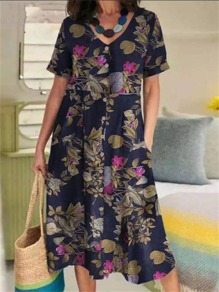 New Summer V-neck Print Cotton Linen Literary Retro Style Mid-waist Loose Type Short-sleeved Large Hem Mid-length Dress