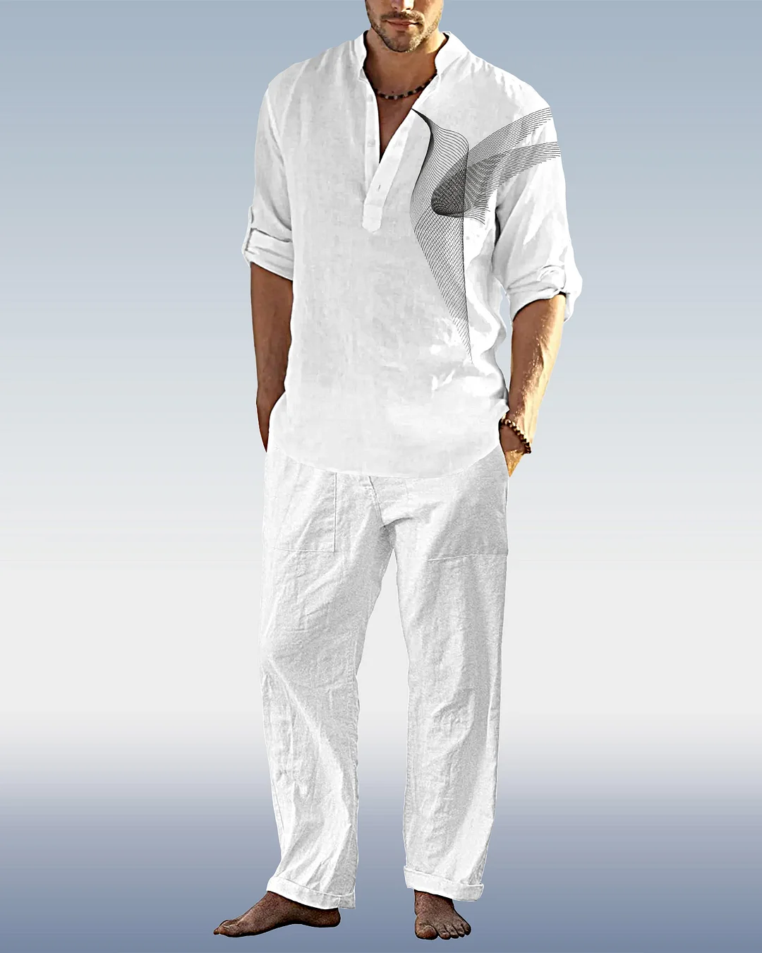 Suitmens Men's Casual Printed Cotton Linen Trousers Long Sleeve Set 04
