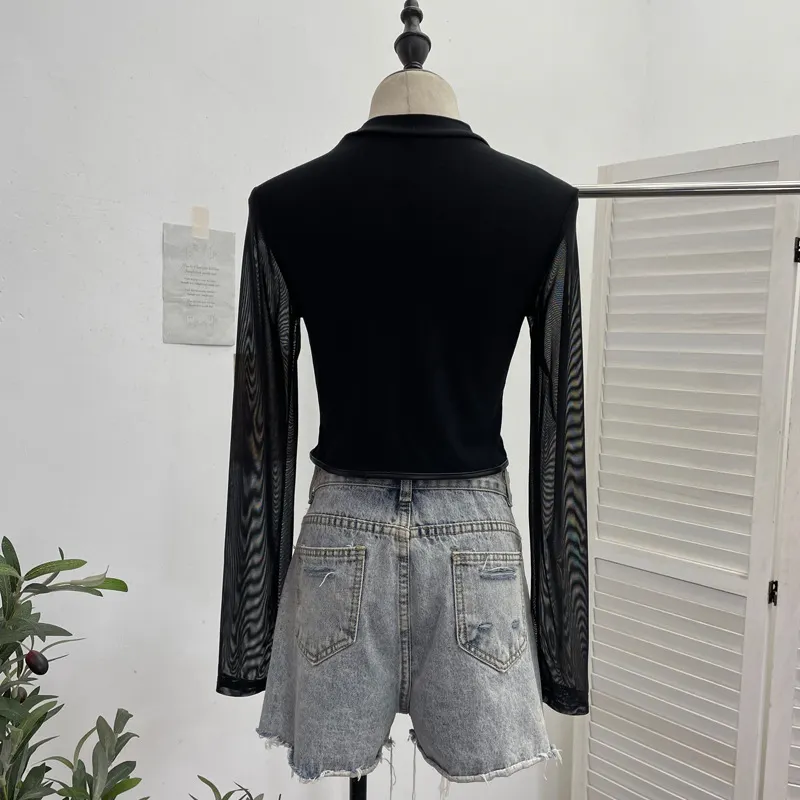 Churchf Real Shoot Spice Girls Strap Spliced Pu Skin Repair Slim Semi-High Collar Long Sleeve Top Short T-Shirt 8886