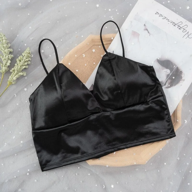 Sexy Satin Crop Tops Women Wireless Bralette Crochet Top Female Spaghetti Strap T-shirt Cropped With Chest Padded Camisole