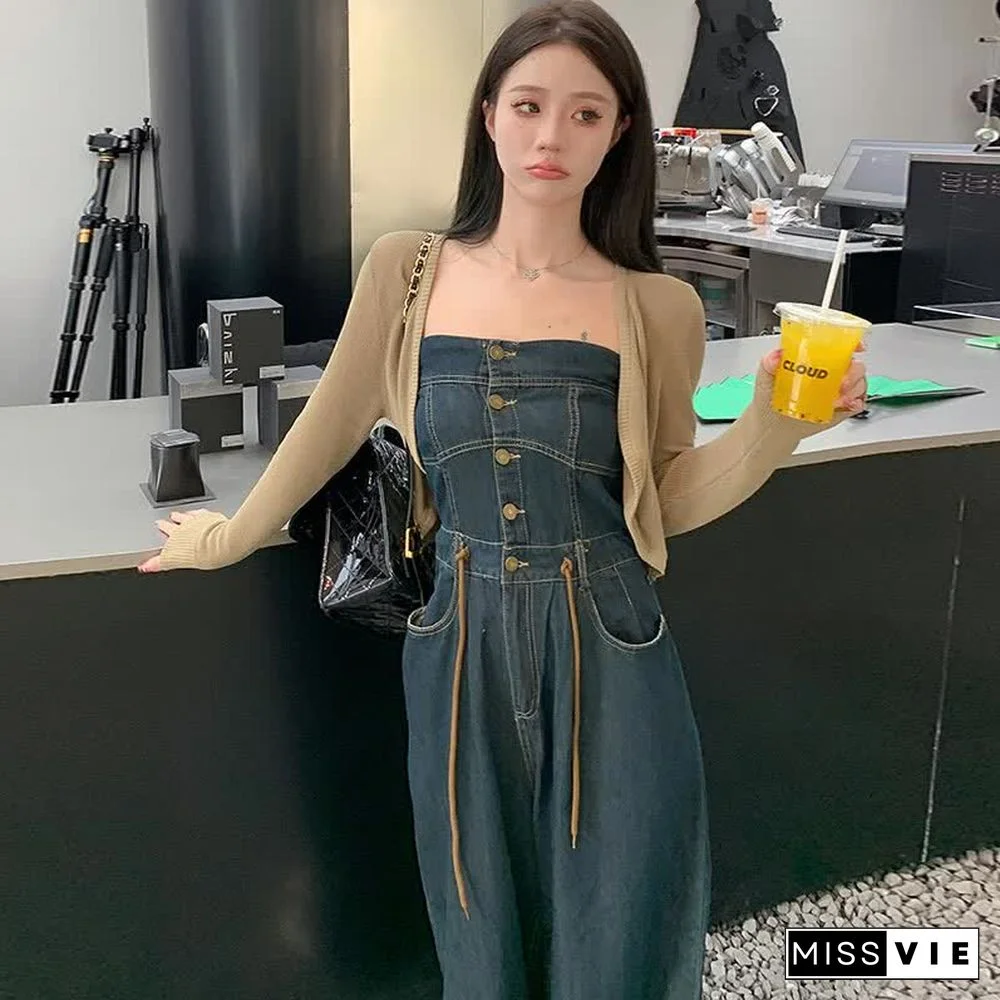 Pure Color Knit Cardigan Off The Shoulder Lace Up Denim Overalls
