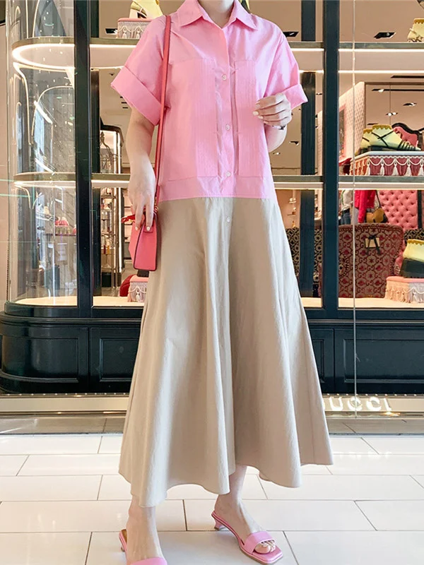 Fashion Split-Joint Lapel Buttoned Short Sleeves Midi Dress