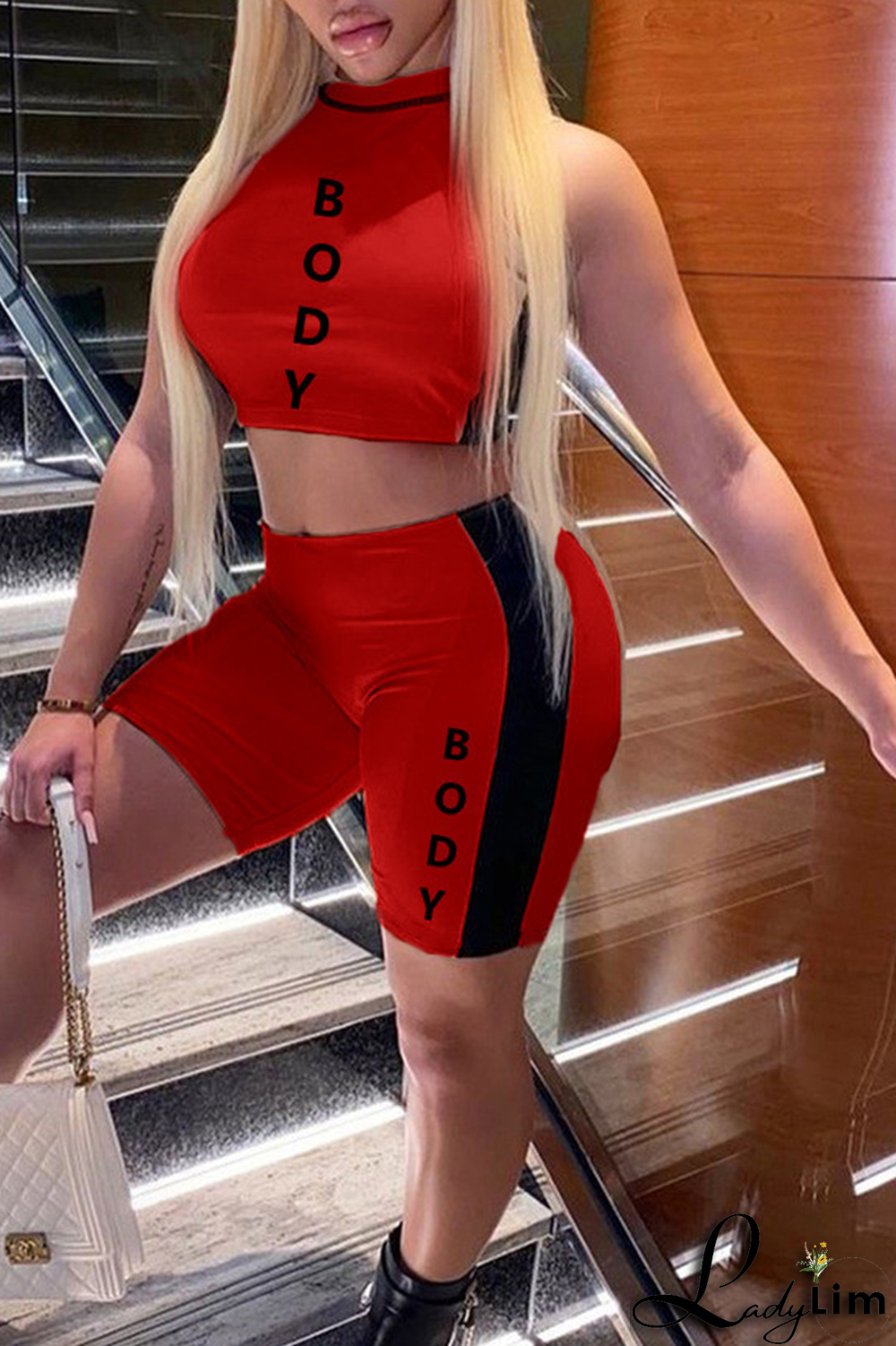 Red Fashion Print Letter Half A Turtleneck Sleeveless Two Pieces