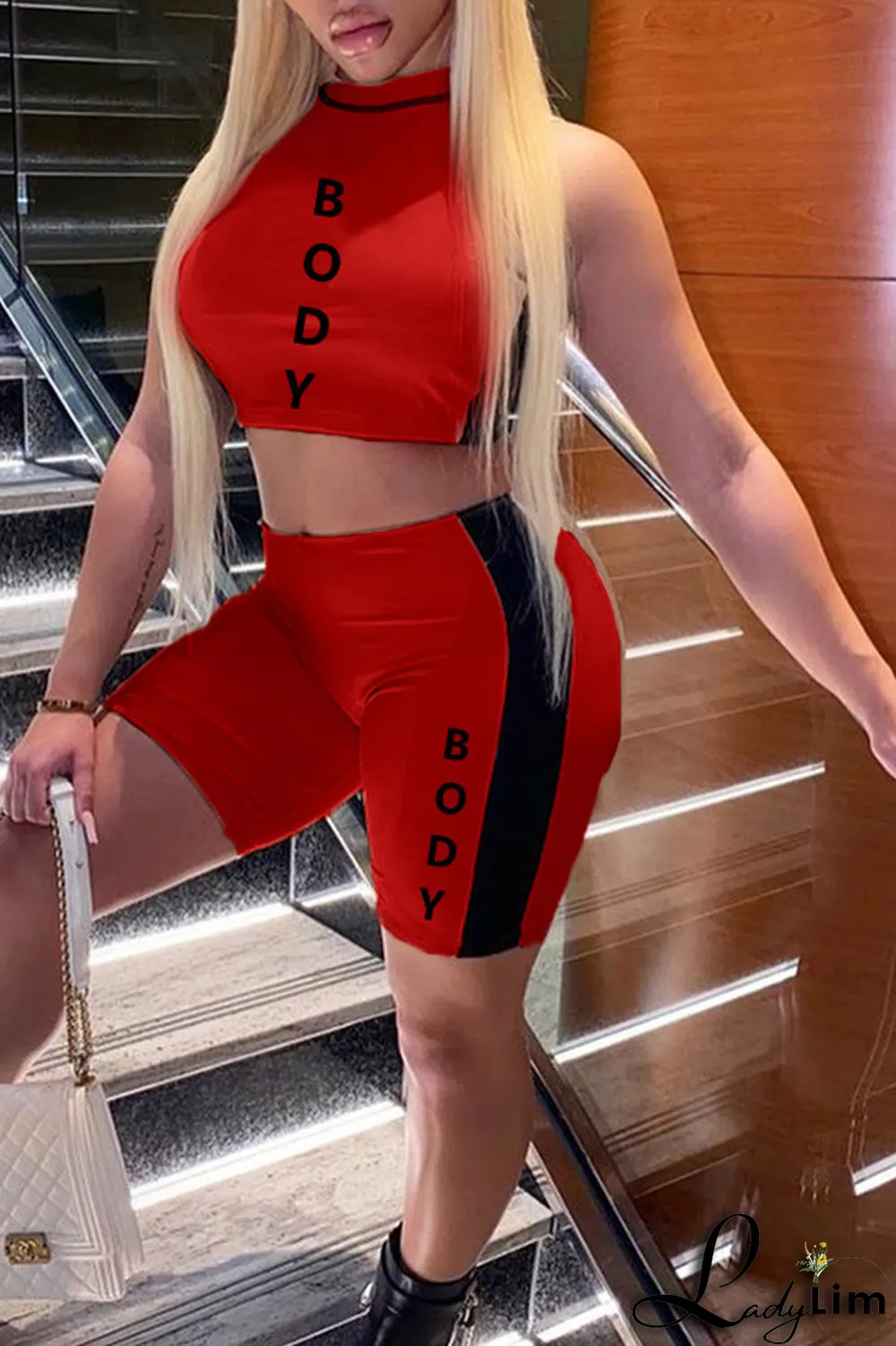 Red Fashion Print Letter Half A Turtleneck Sleeveless Two Pieces