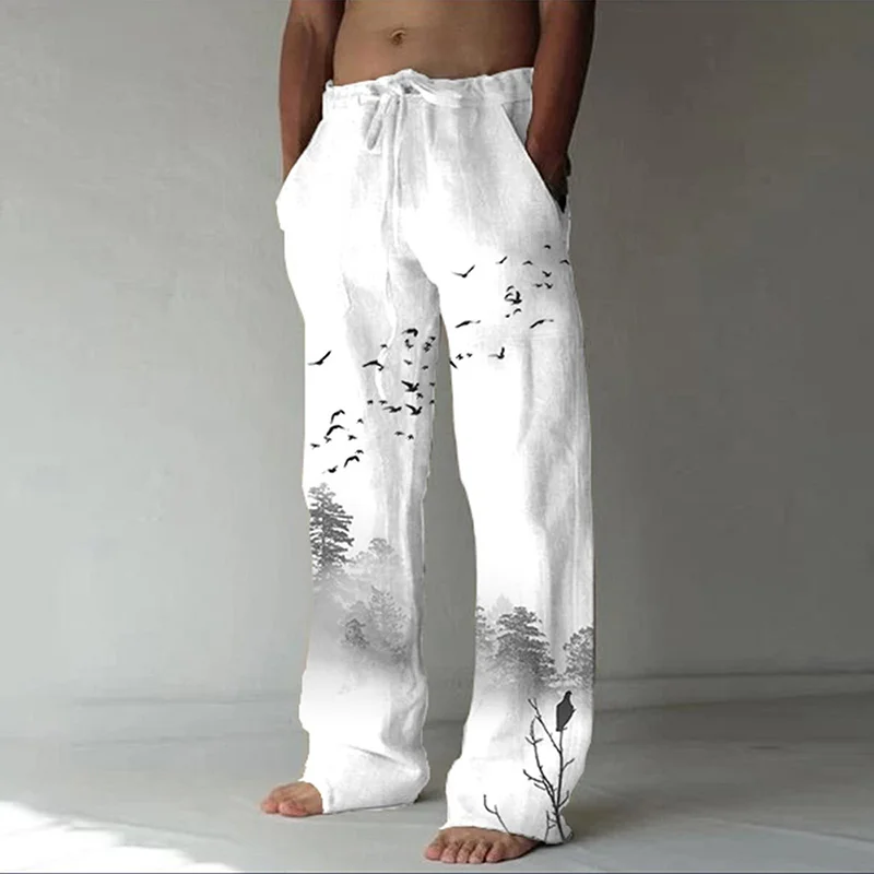 Bird Print Drawstring Casual Loose Men Pants in White-VESSFUL