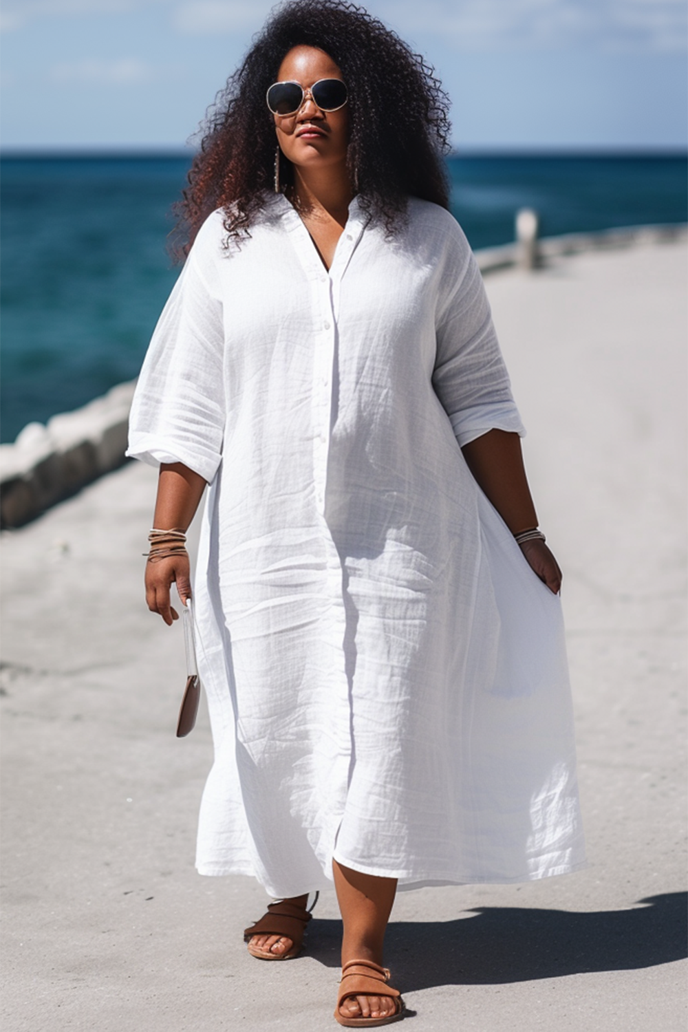 Design Plus Size White Beach Single Breasted Long Sleeve Shirtdress Linen Midi Dress [Pre-Order]