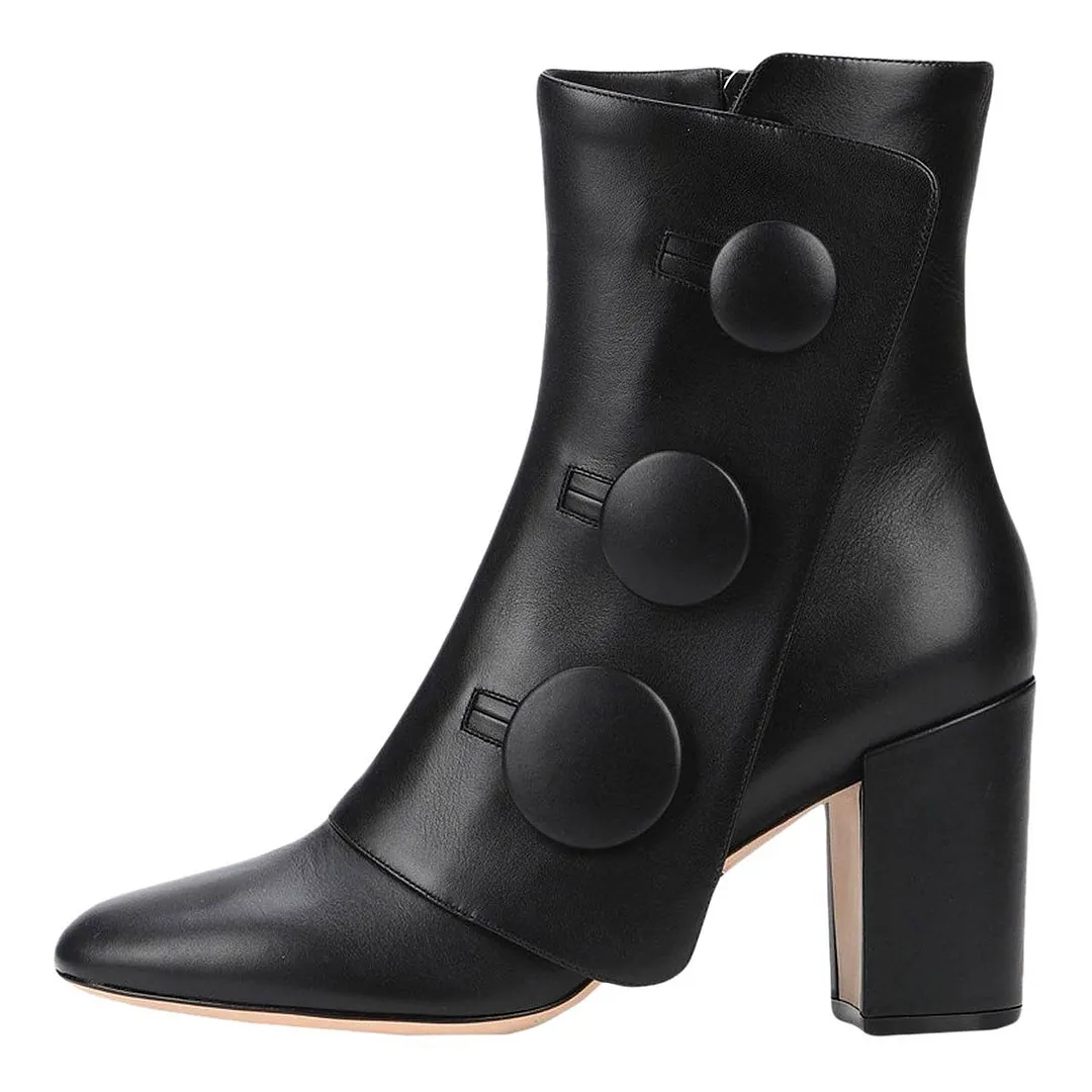 Chic Black Round Toe Side Zipper Decorative Button Short Booties