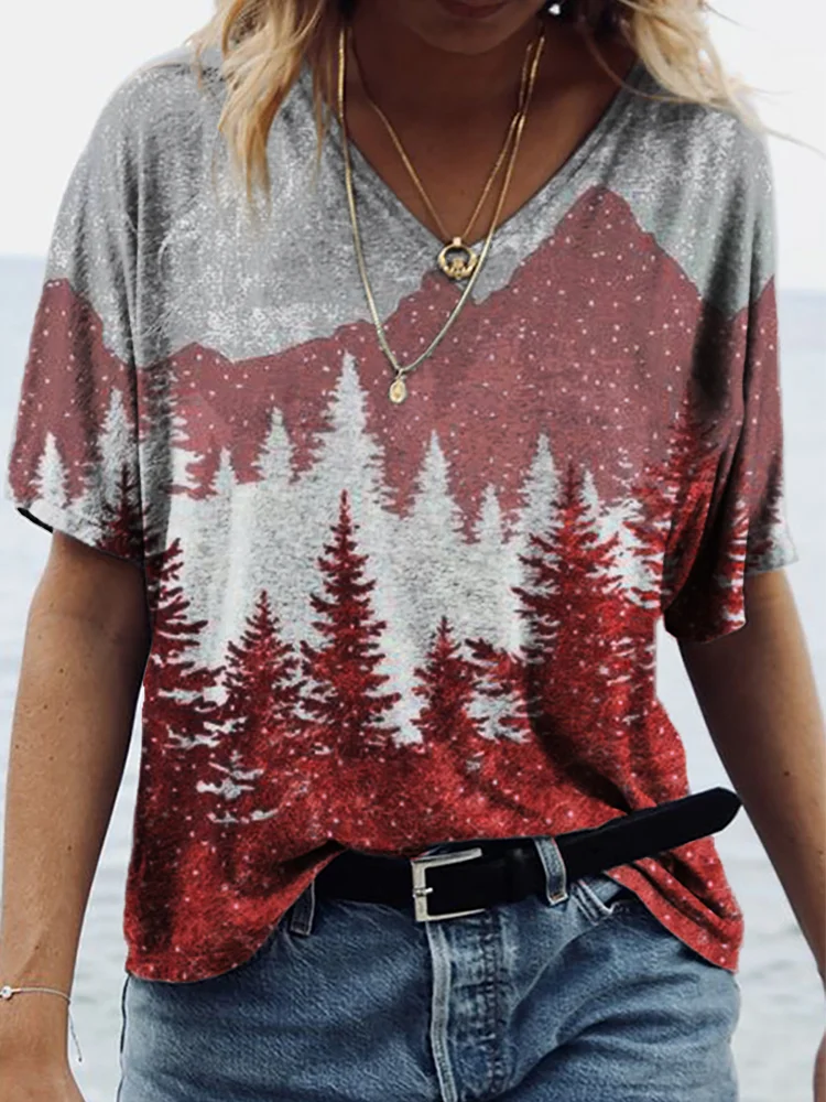 Christmas Forest Colorblock Short Sleeve T Shirt
