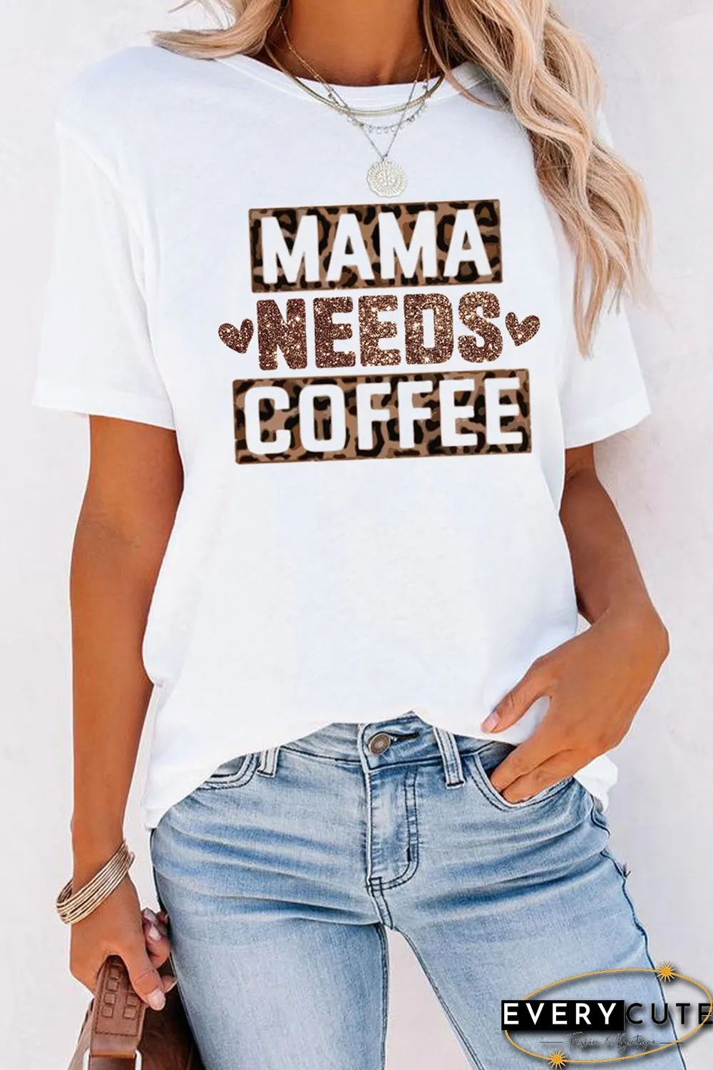 White Letter Leopard Sequin Print Short Sleeve T-shirt