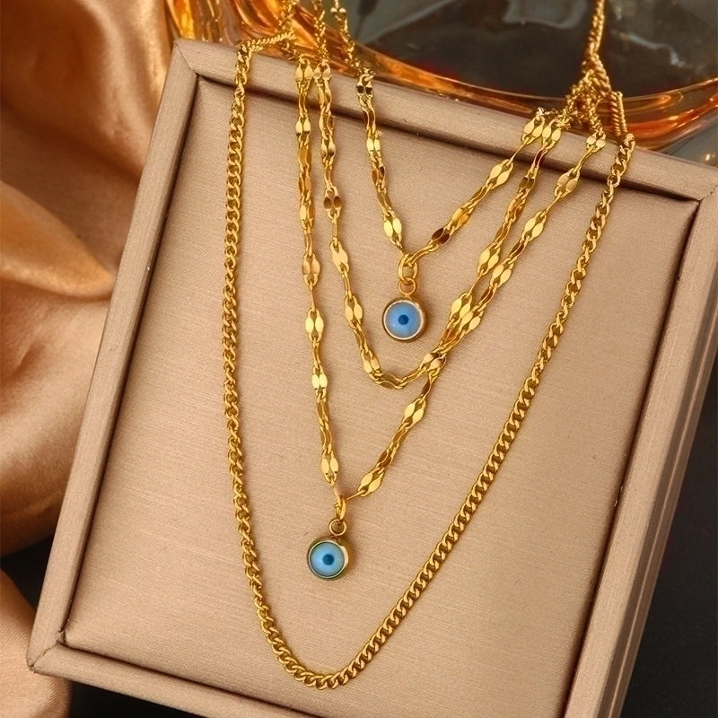 Vintage Style Commute Devil’s Eye Heart Shape Lock 304 Stainless Steel Turquoise Rhinestones Pearl 18K Gold Plated Plating Inlay Layered Necklaces