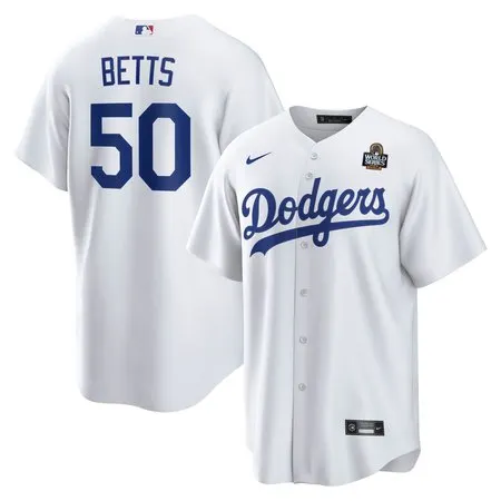 Men's Los Angeles Dodgers #50 Mookie Betts  White 2024 World Series Home Replica Player Jersey