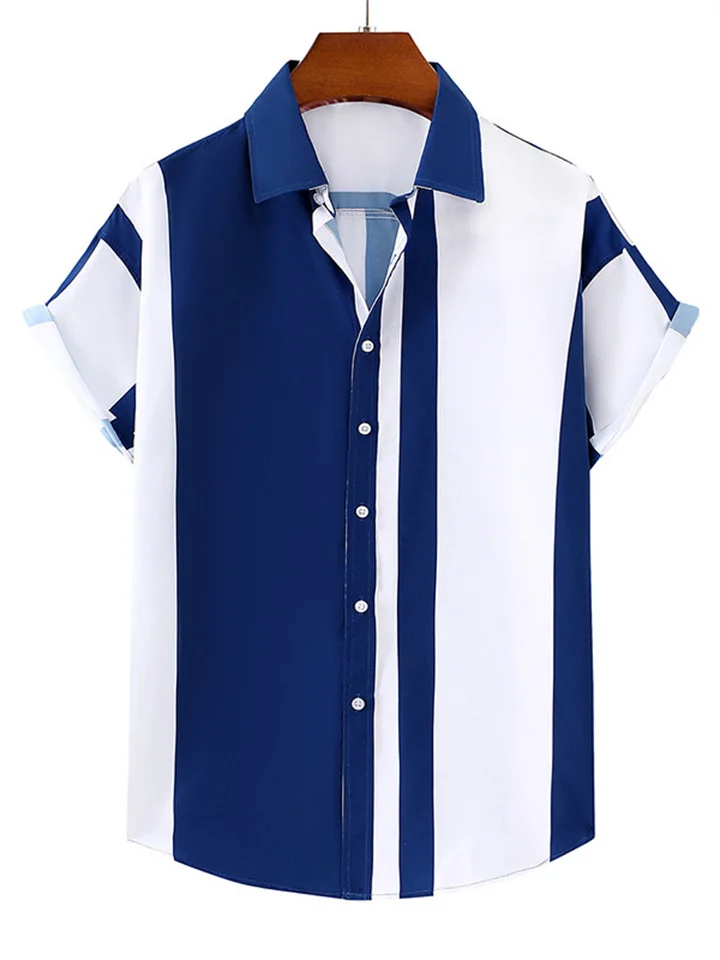 Men's Loose 3D Printed Short-sleeved Shirt Plus Size Striped Cardigan Lapel Shirt
