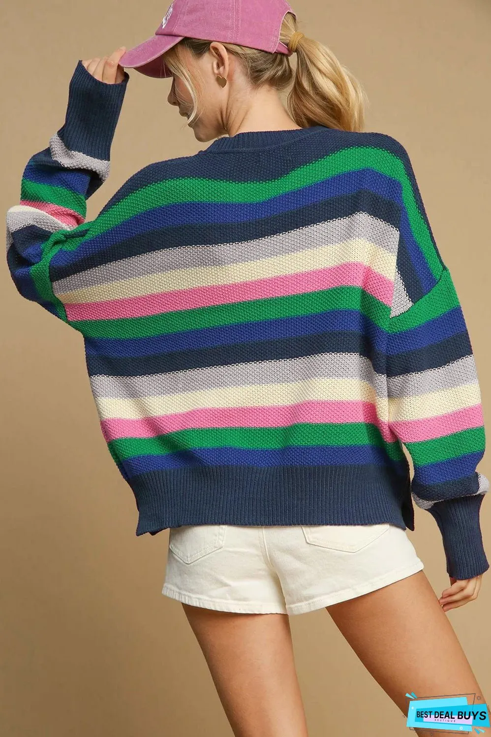 Bright Green Rainbow Striped Crew Neck Drop Shoulder Sweater