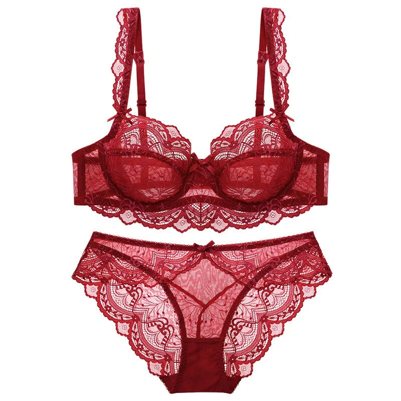 TERMEZY Women Ultra-thin Cup Sexy Lace Underwear Transparent Bra Set Lingerie Comfortable Brassiere and Panties Plus Size Set