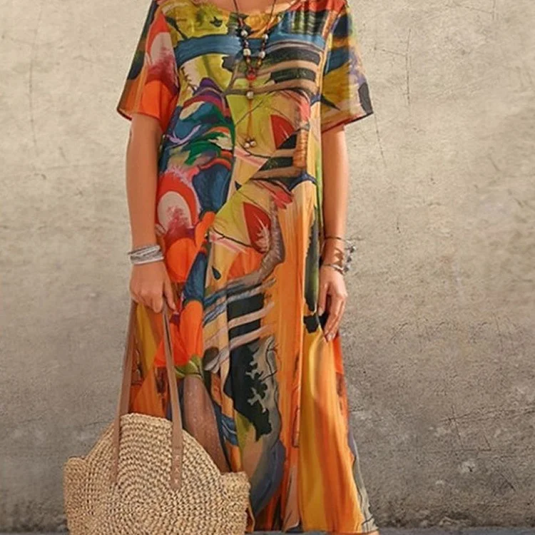 Vestido fluido em cores tropicais vibrantes