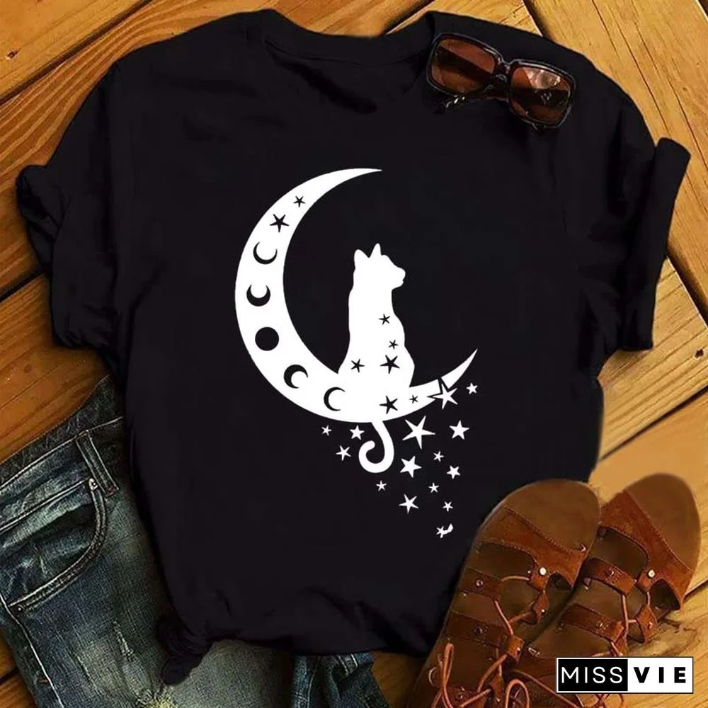Maycaur Women Harajuku T Shirt New Moon Star Printed T Shirt O-Neck Summer Short Sleeve Tees Women Clothes Graphic T Shirts