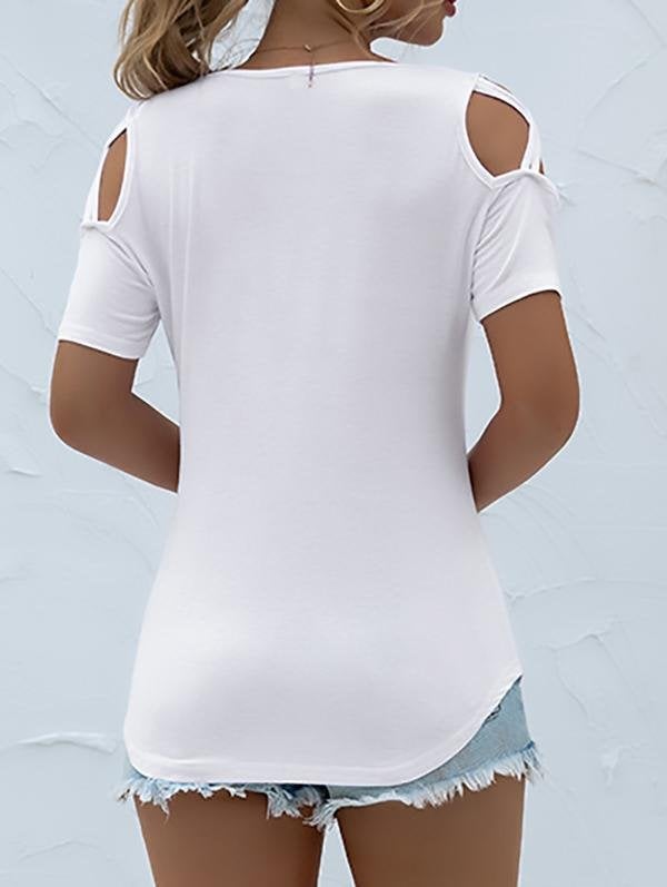 Solid Round Neck Short Sleeve Off-shoulder T-shirt