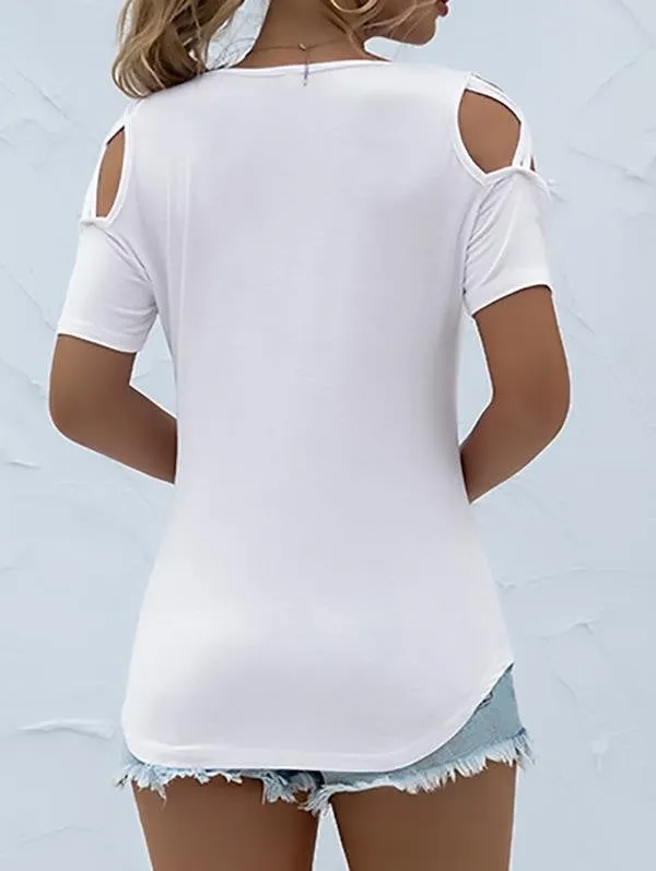 Solid Round Neck Short Sleeve Off-shoulder T-shirt