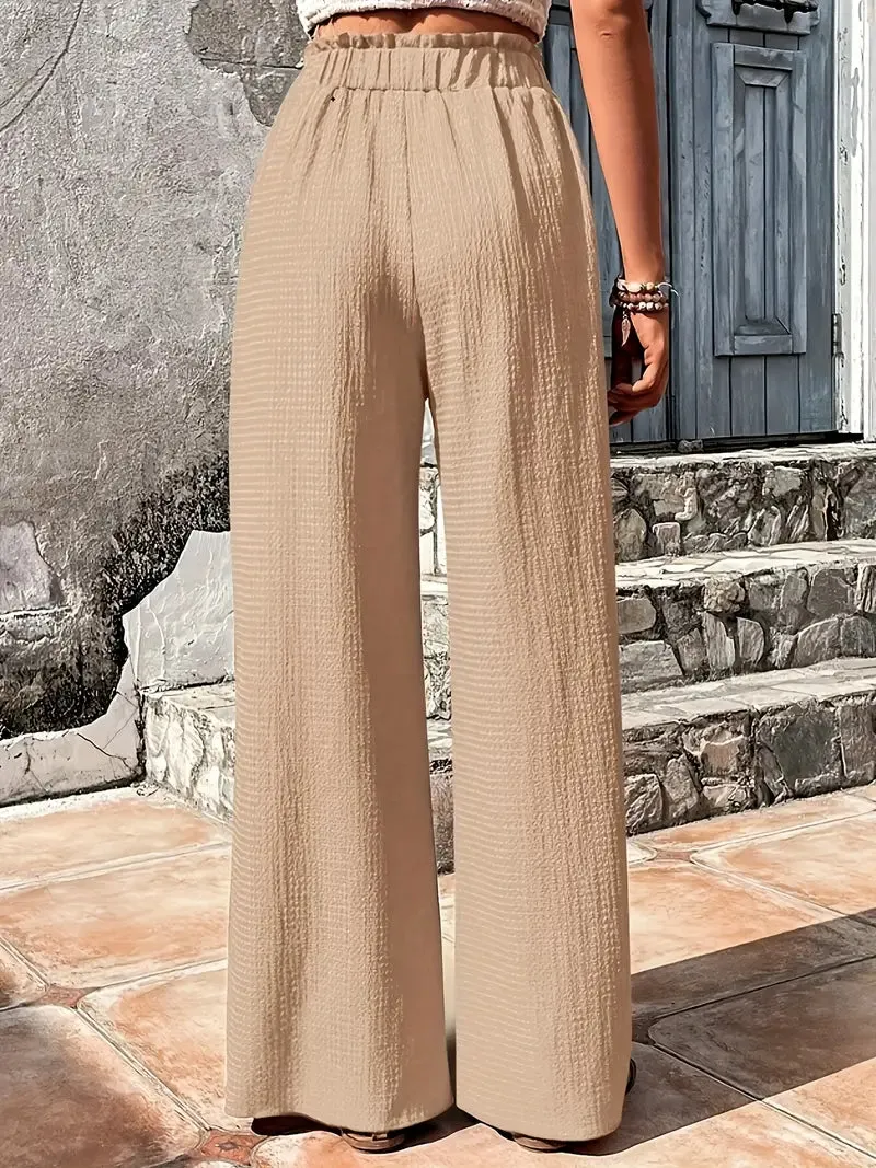 Brownm Color Casual Drawstring High Waist Pants