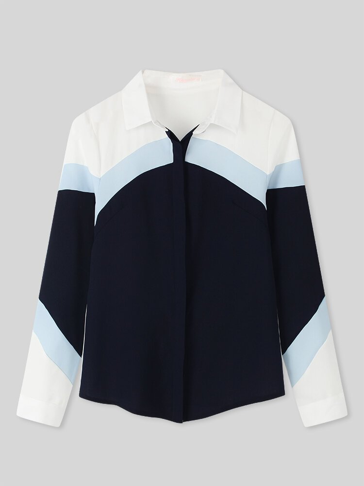 Contrast Color Patchwork Lapel Collar Long Sleeve Blouse For Women P1801828
