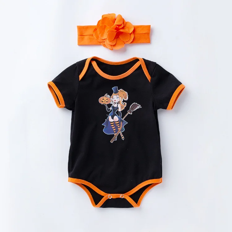 2pcs Newborn Baby Boy/Girl Halloween Cartoon Pumpkin Print Short Sleeve Bodysuit set