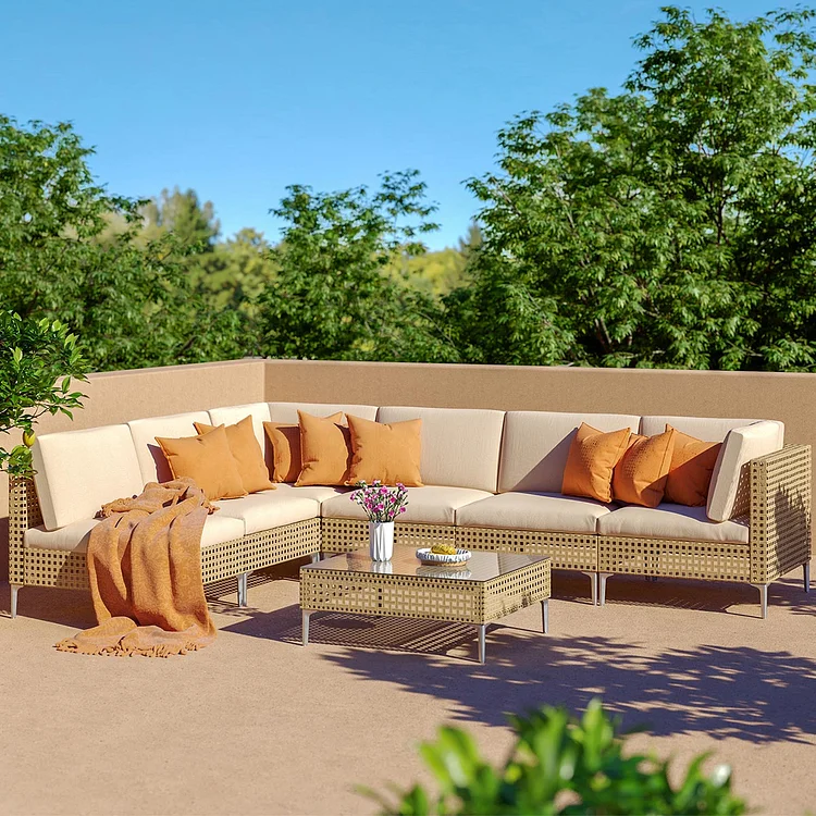 GRAND PATIO Wicker Patio Furniture Set, All Weather Outdoor Sectional Sofa with Beige Thick Cushions and Coffee Table