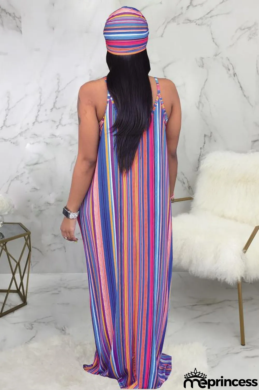 Green Polyester Sexy Fashion Tank Sleeveless Slip A-Line Floor-Length Print asymmetrical Striped Patchwork