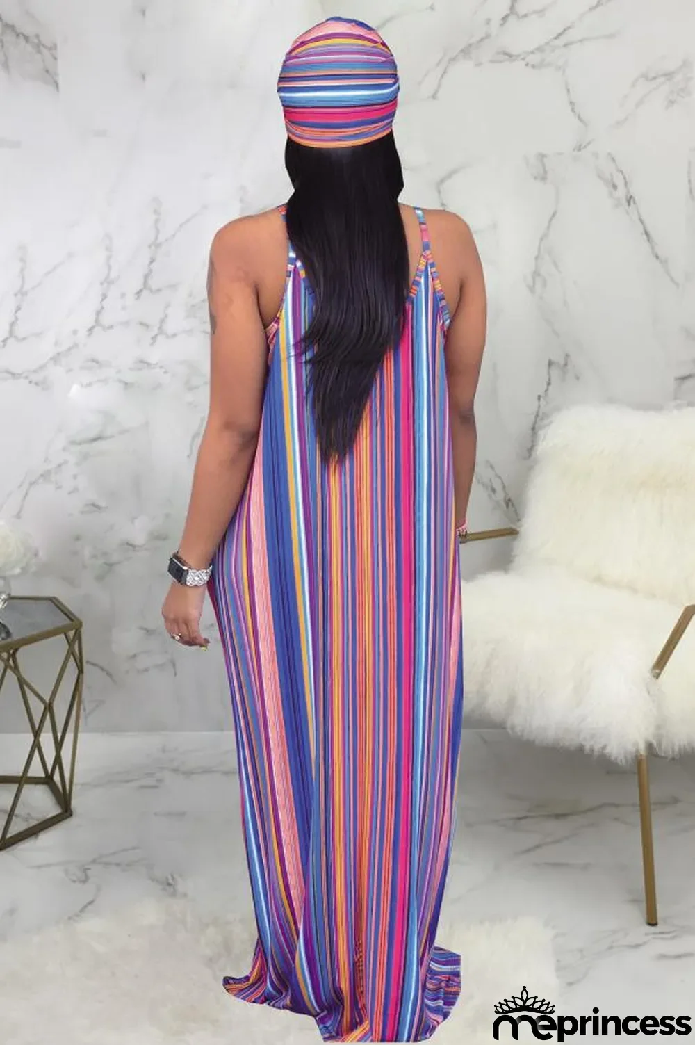 Green Polyester Sexy Fashion Tank Sleeveless Slip A-Line Floor-Length Print asymmetrical Striped Patchwork