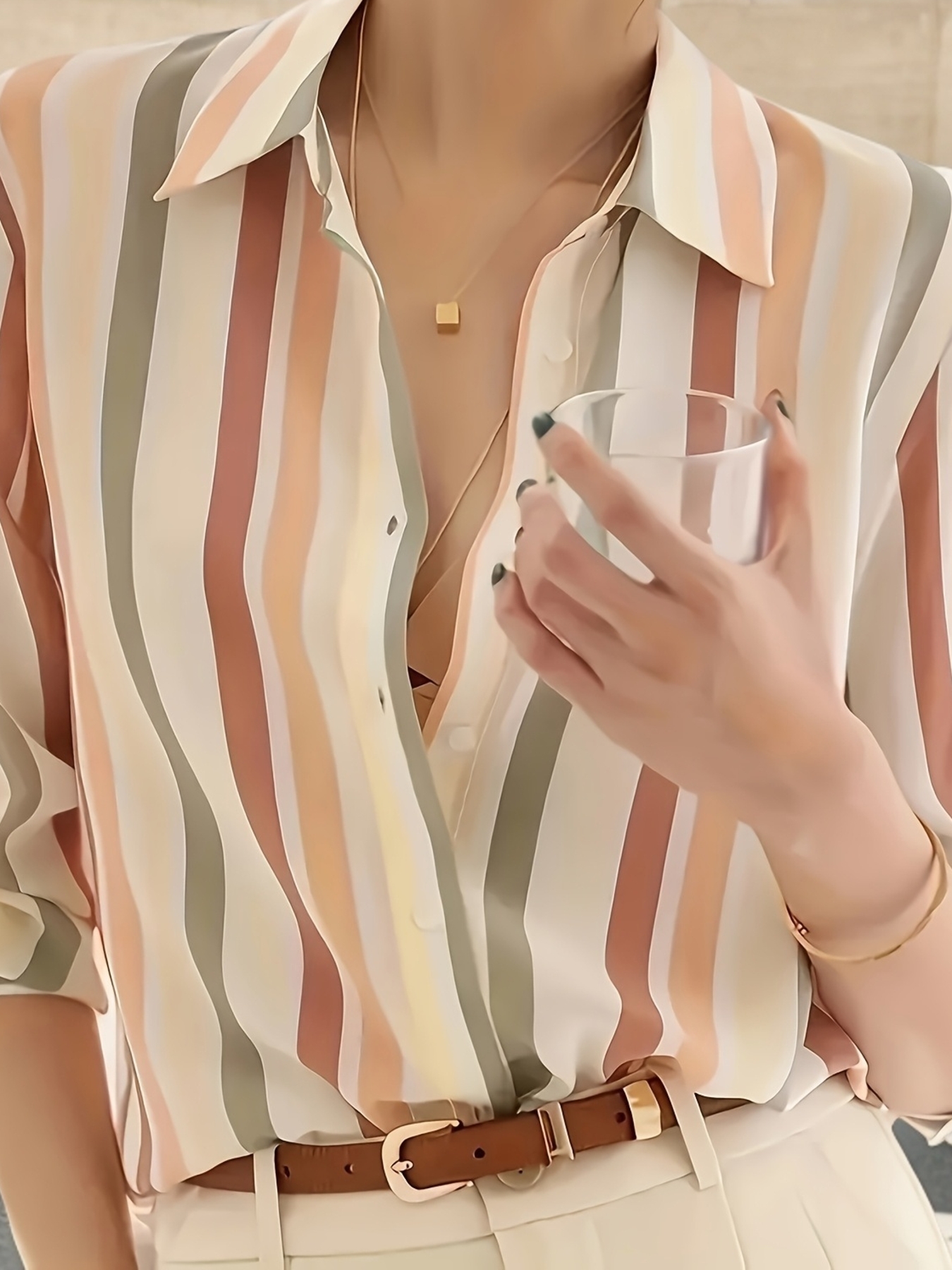 Women's Casual Striped Print Button- Shirt, Polyester 100% Woven Fabric, Lapel Collar, Long Sleeve, Spring/Summer/Fall Apparel, 110g/M&sup2; Weight | IFYHOME