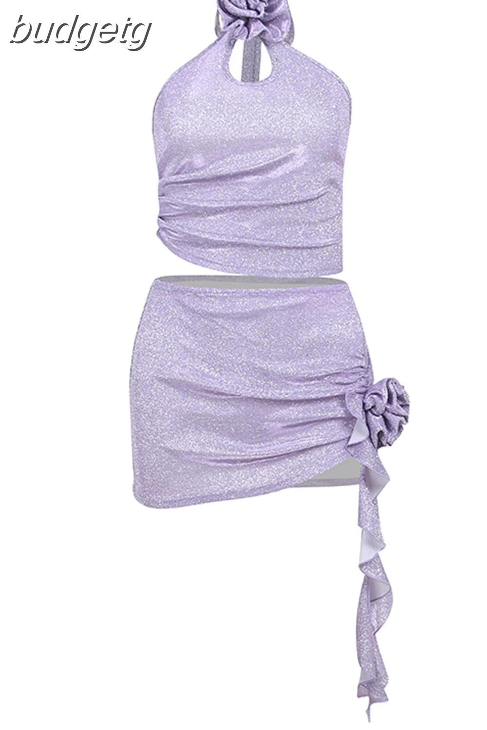budgetg Piece Set Women Flower Trim Glitter Outfits Sexy Slant Shoulder Corset Crop Top+High Waist Ruched Mini Skirts 2023 Summer