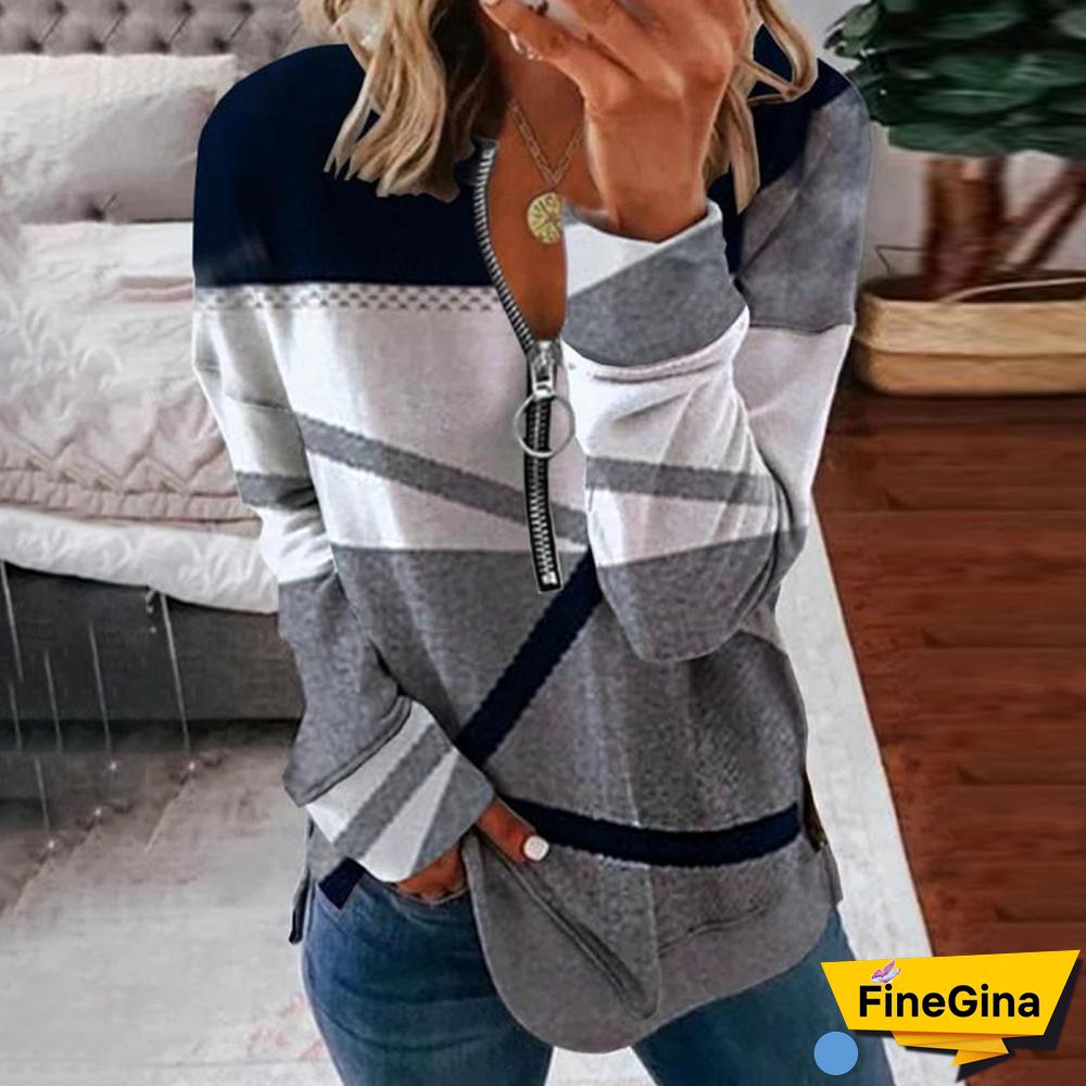 Gray Zig Zag Stripe Zippered Top