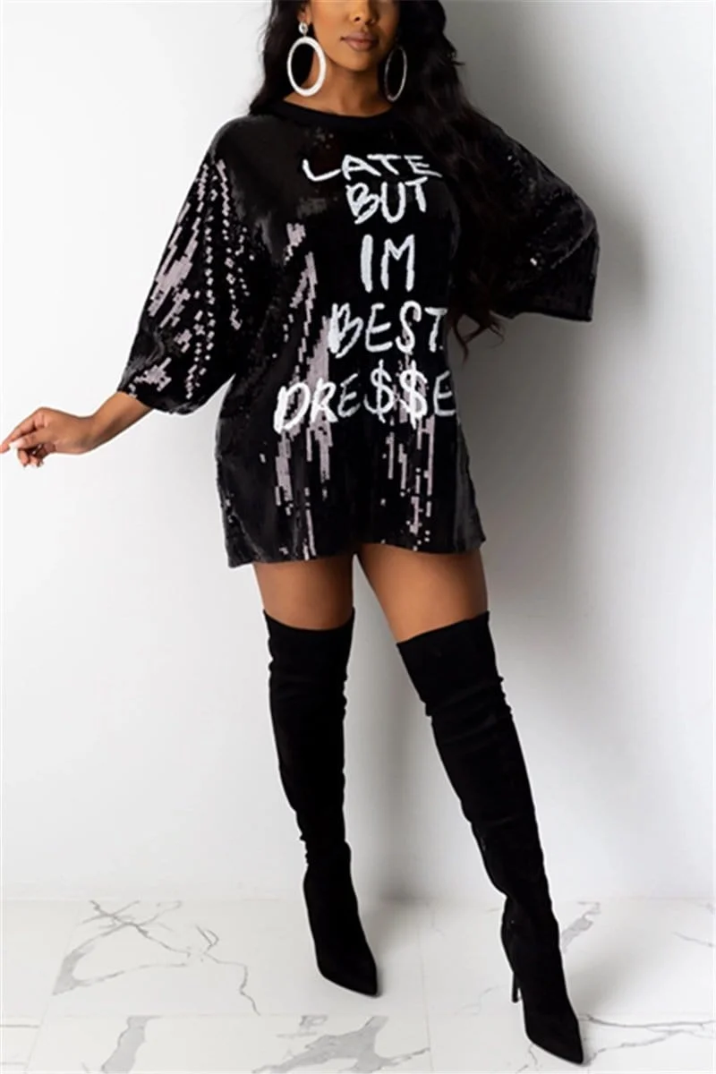 Casual Loose Letter Sequins Dress