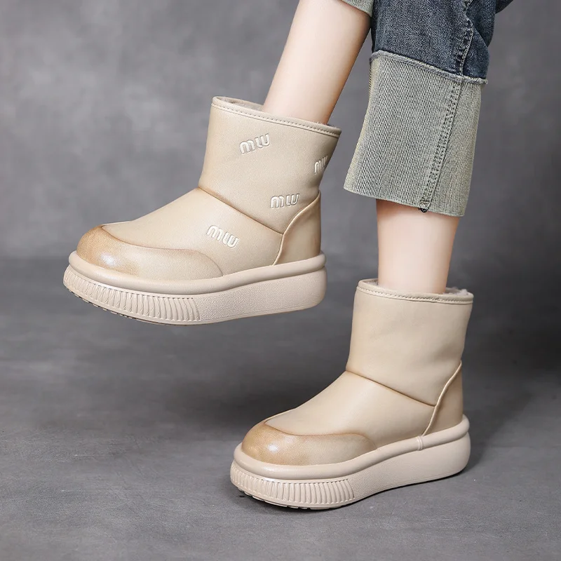 Yyvonne Cow Skin Thick Bottom Plus Velvet Warm Lamb Velvet Snow Boots Women's Shoes Winter New Retro Boots Age-Old Cotton Shoes