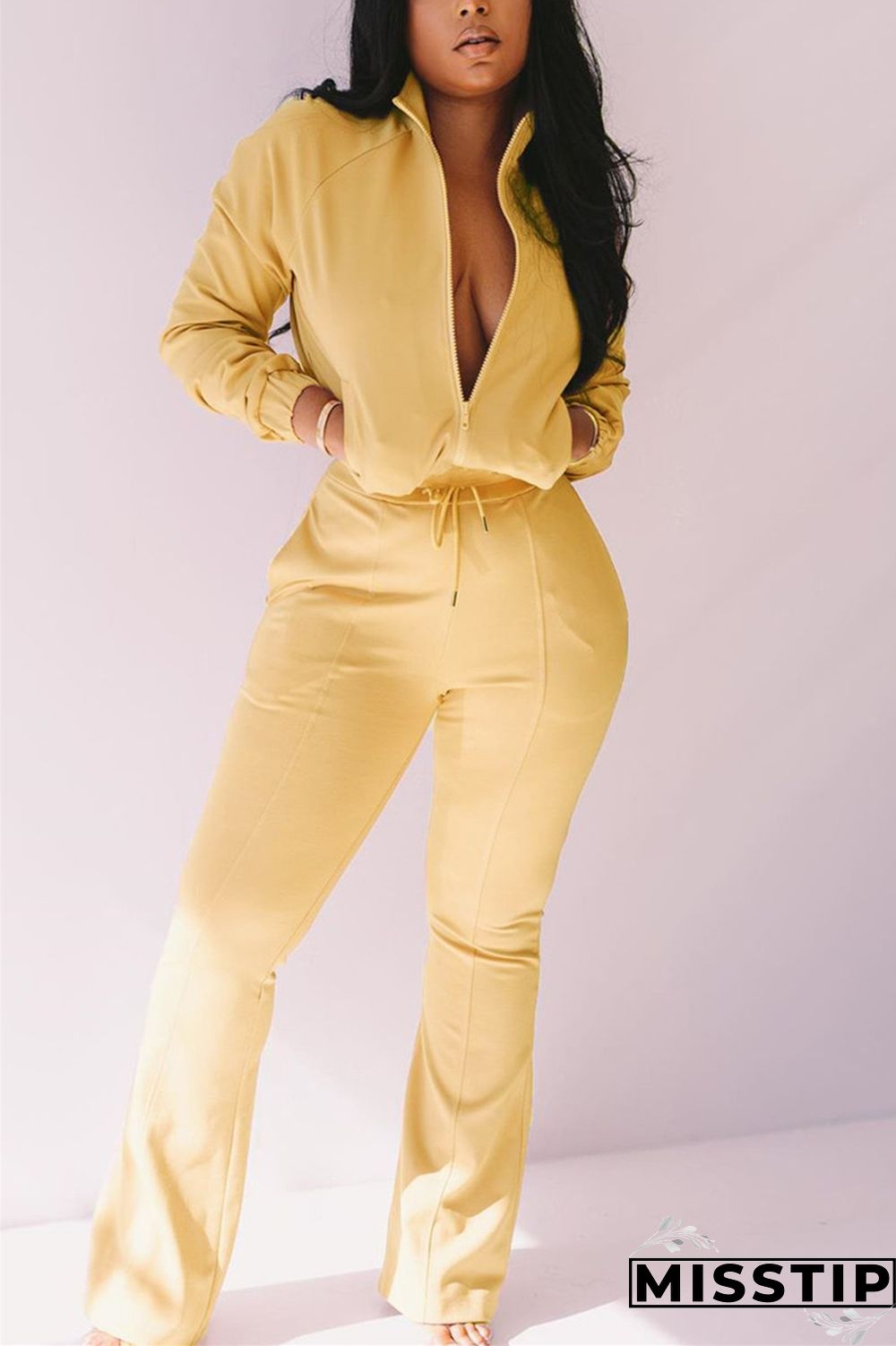 Light Pink Fashion Casual Long Sleeve Zipper Collar Regular Sleeve Regular Solid Two Pieces