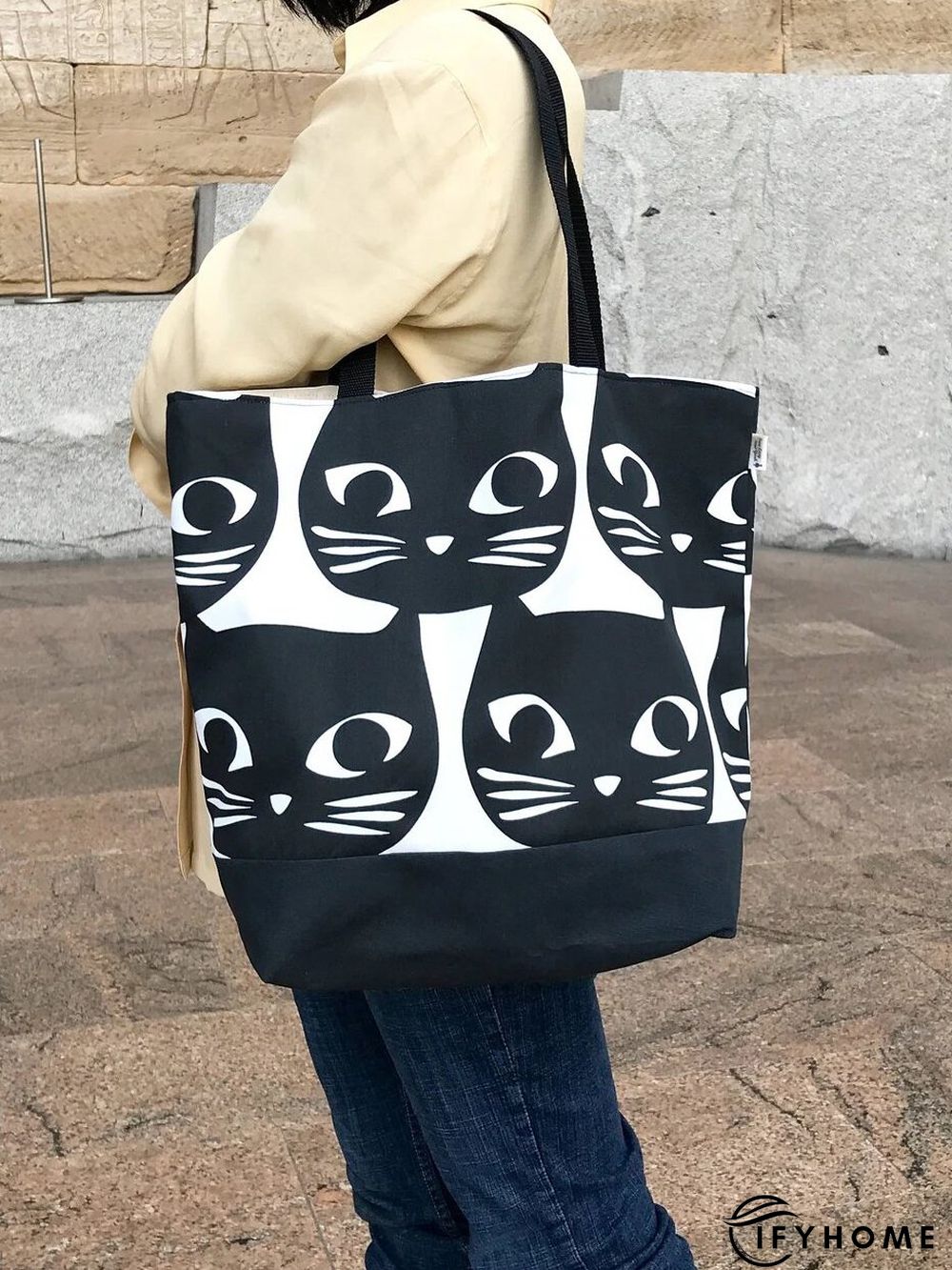Casual Black Cat Pattern Shoulder Bag Cat Pattern Shopping Bag Everyday Outing Clothing Matching | IFYHOME
