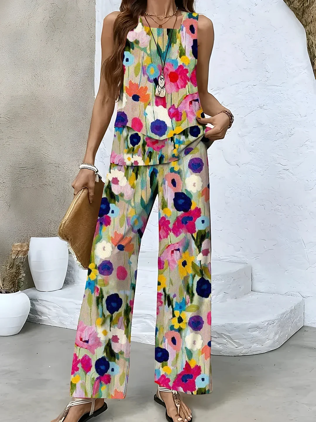 Women's Sleeveless Square Collar Colorblock Graphic Printed Casual Set