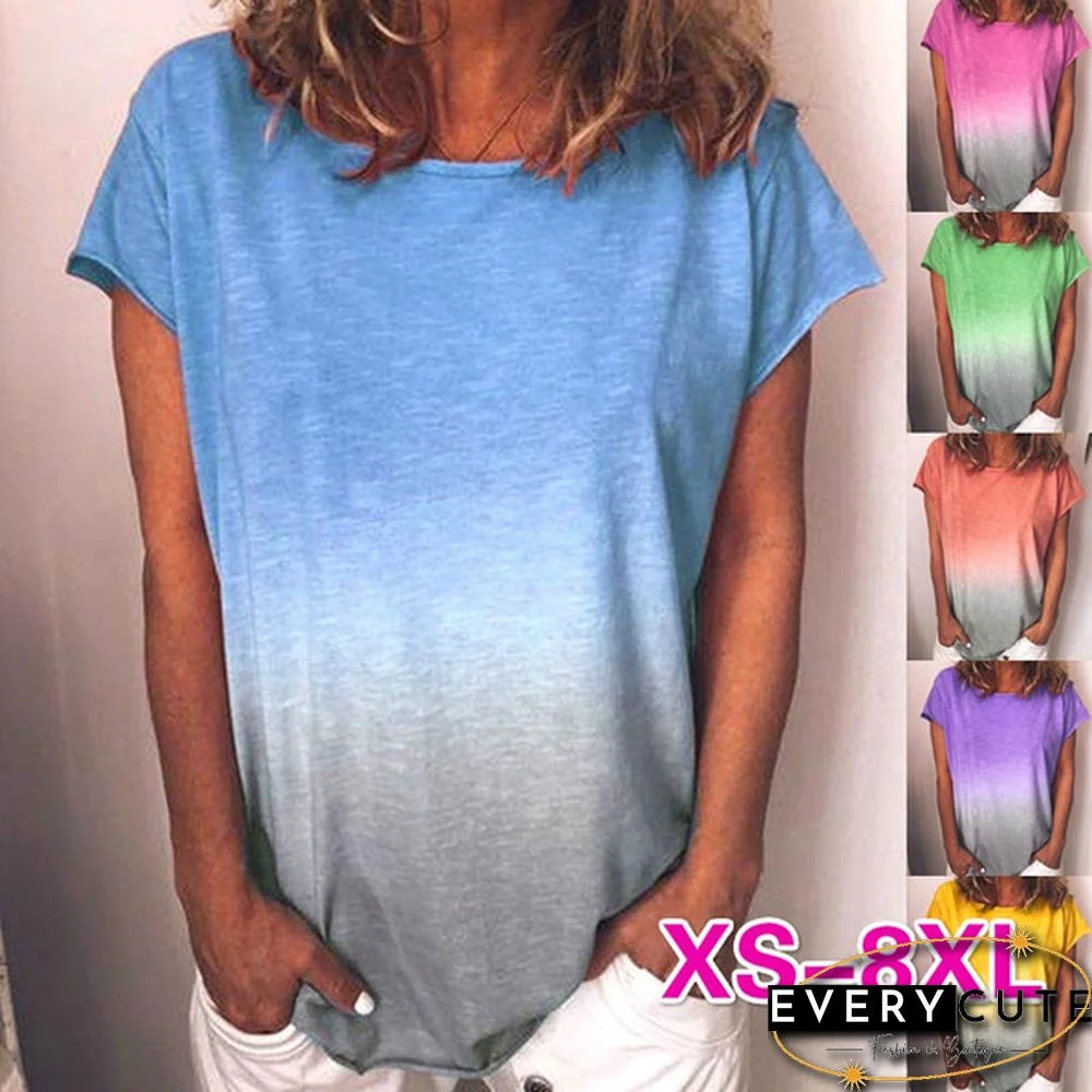 Summer Tops Plus Size Fashion Clothes Women's Casual T-shirts Pullover Loose Short Sleeve Tees Ladies Blouses Gradient Color O-neck Cotton Printed Shirts XS-8XL