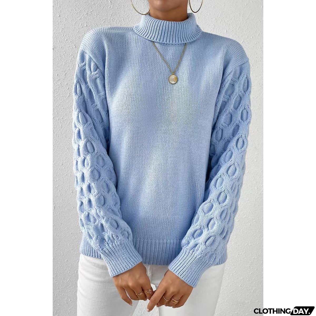 Solid Roll Neck Knit Cross Sleeve Loose Pullover