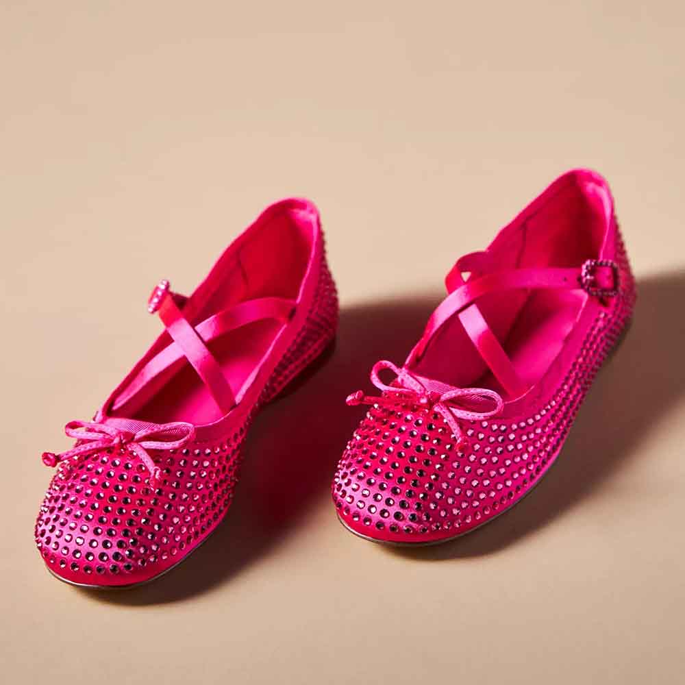 Hot Pink Satin Round Toe Cross Strap Strass Ballet Flats with Bow