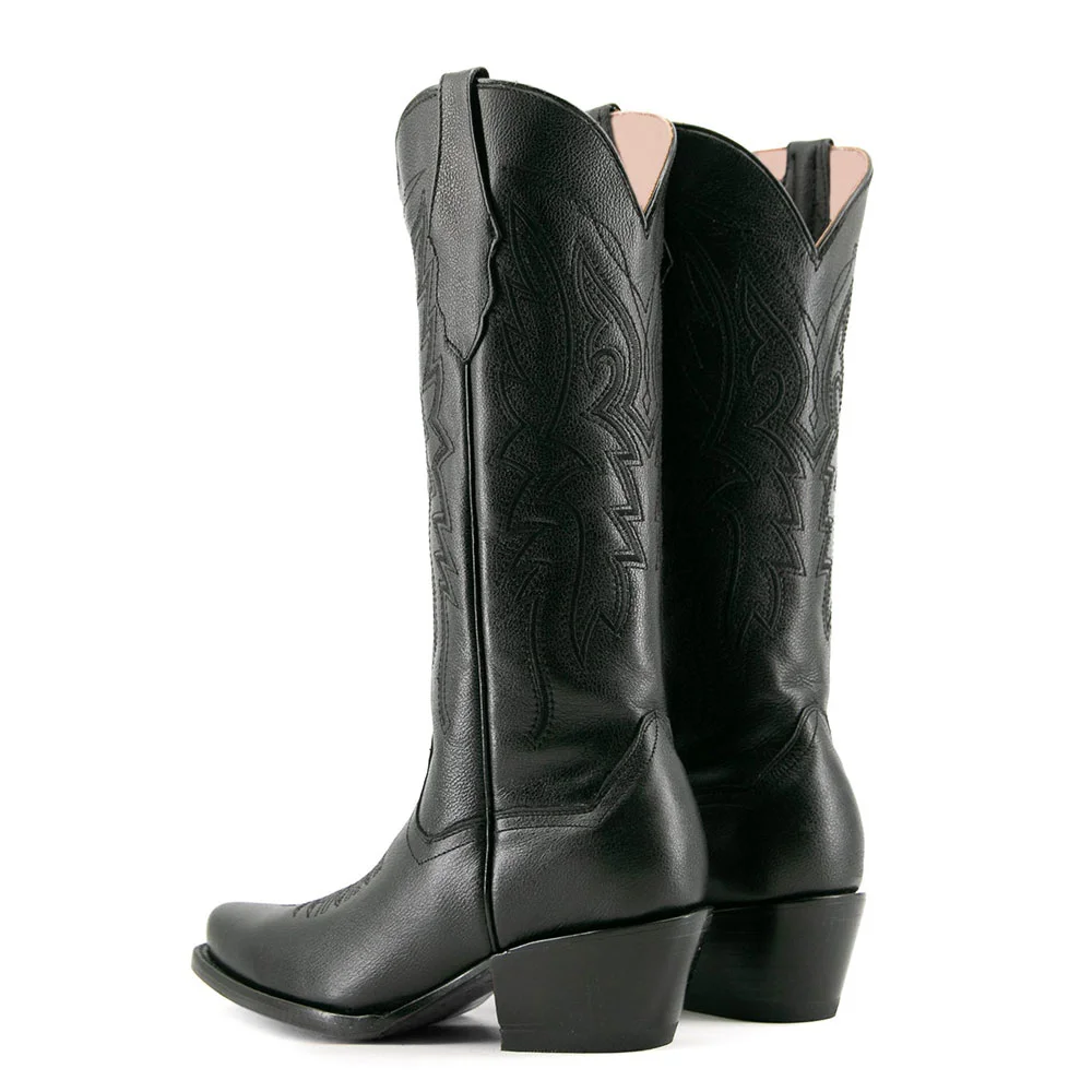 Black Embroidered Chunky Heel Snip Toe Mid-Calf Cowboy Boots for Women