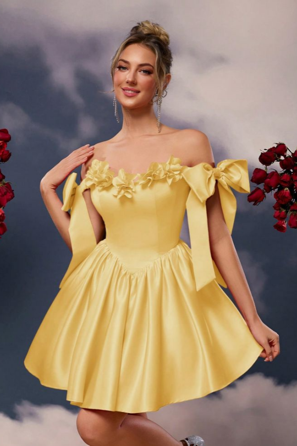 Miabel Stunning Yellow Applique Off the Shoulder Homecoming Dress with Bow    
