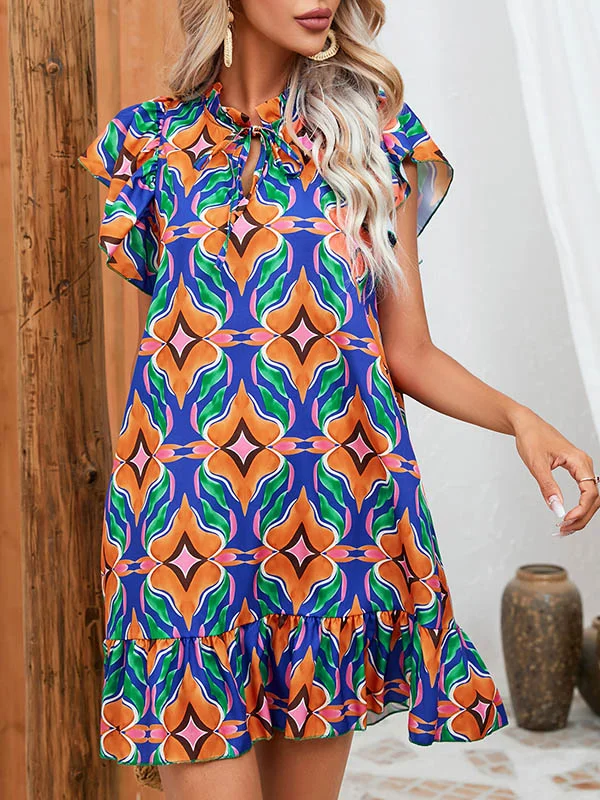 Tied Split-Joint Printed Pleated Hollow Short Sleeves Ruffle Sleeves Round-Neck Mini Dresses