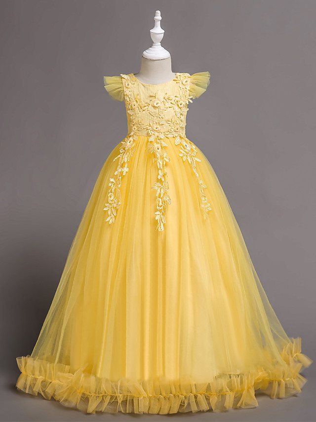 Beautiful Princess Short Sleeve Jewel Floor-length Flower Girl Dresses With Lace Appliques Ruffles - lulusllly