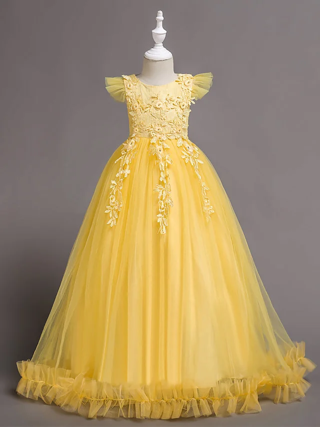 Hellodresses Princess Short Sleeve Jewel Floor-length Flower Girl Dresses With Lace Appliques Ruffles