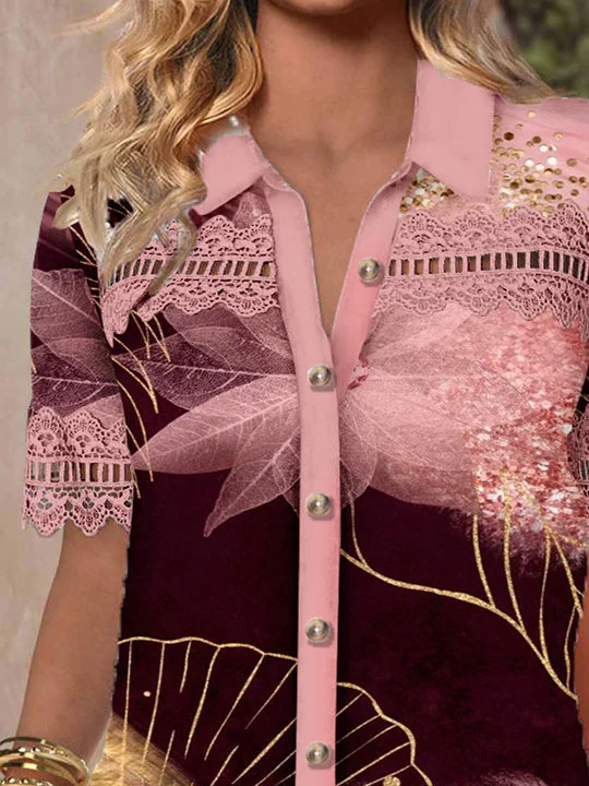 Women's Short Sleeve V-neck Lace Stitching Hollow Graphic Top