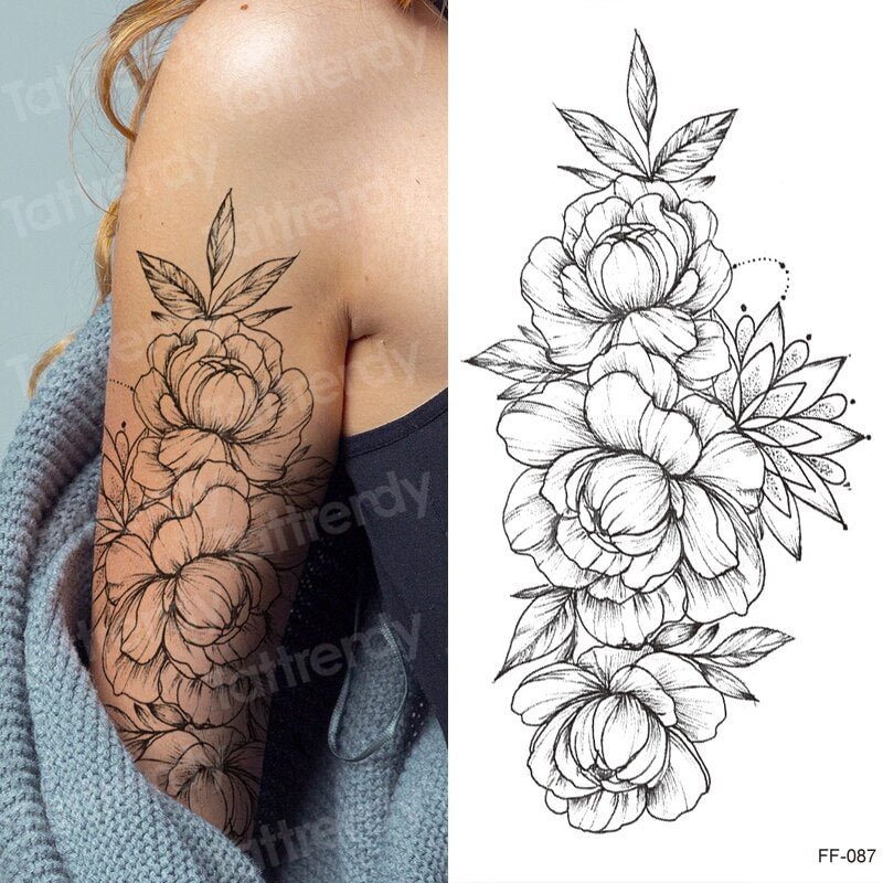 Rose Peony Flower Girls Temporary Tattoos For Women Waterproof Black Tattoo Stickers 3D Blossom Lady Shoulder DIY Tatoos Water